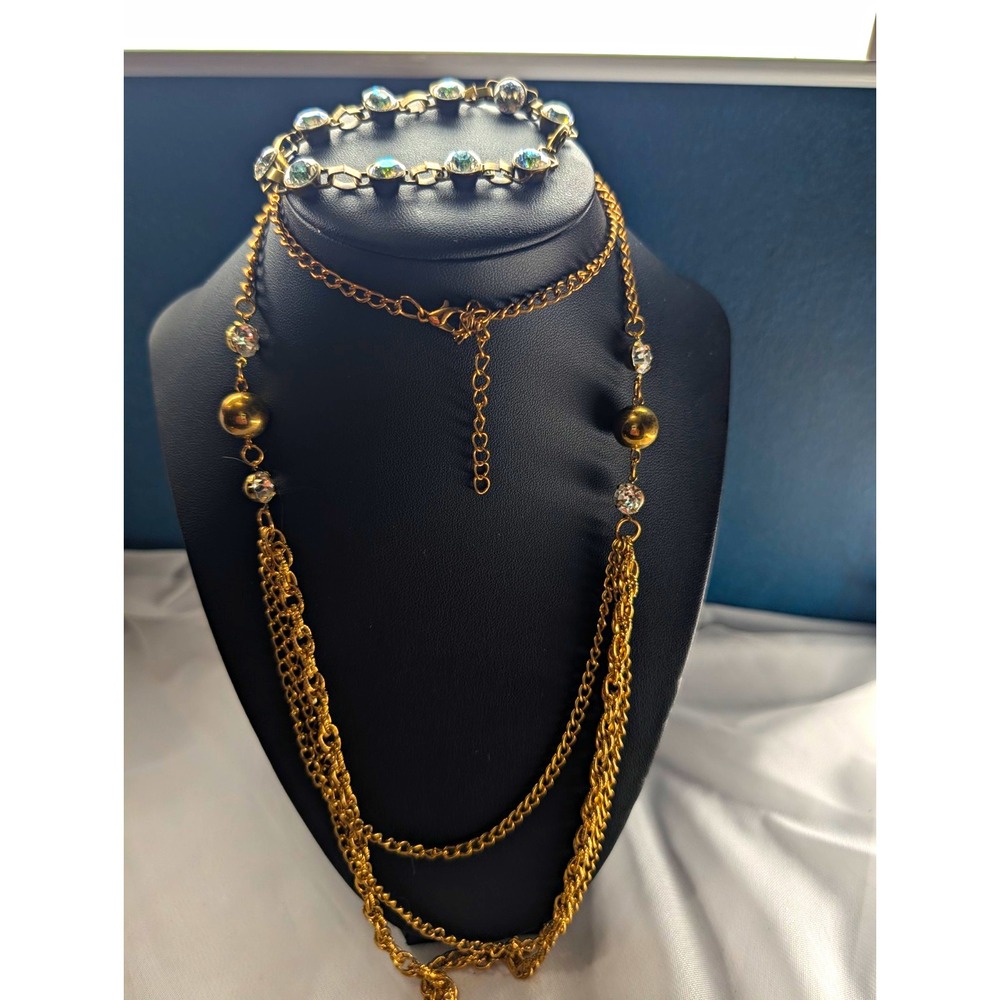 Antique Gold Tone Layered Chain Necklace Bracelet Set Iridescent Rhinestones